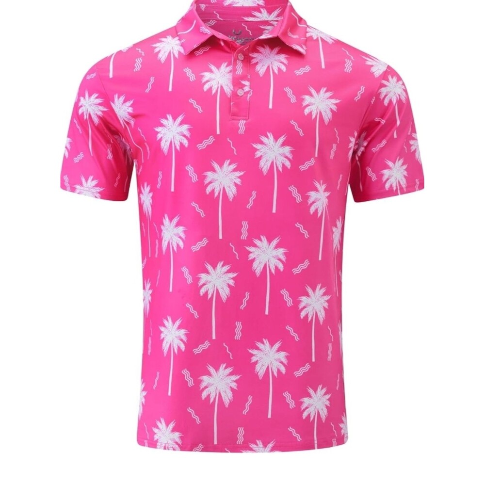Uideazone Pink Short Sleeve Dry Fit Palm Tree Polo Shirt Size Large NWT